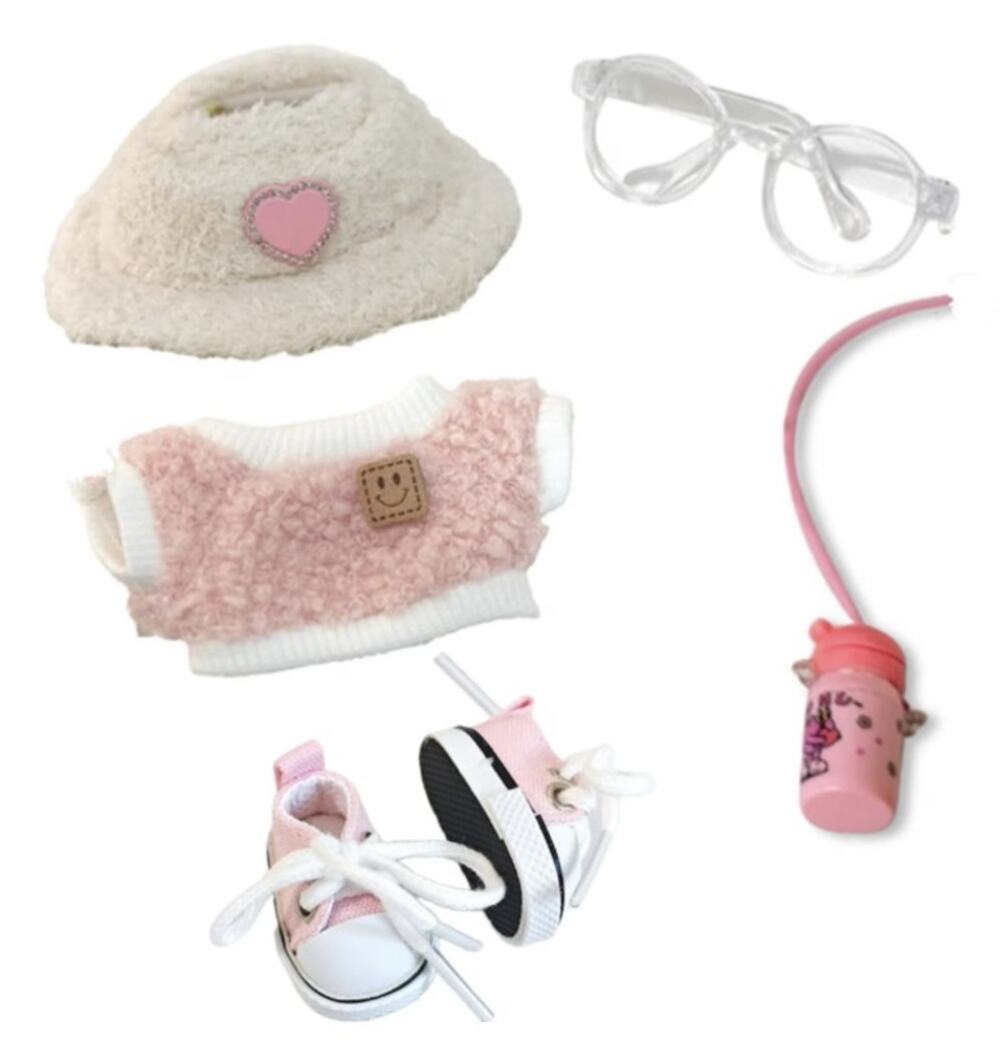 NEW 5-Piece Set - Clothes Outfit for 6.7" Dolls - Pink Plush Top, Shoes, Glasses
